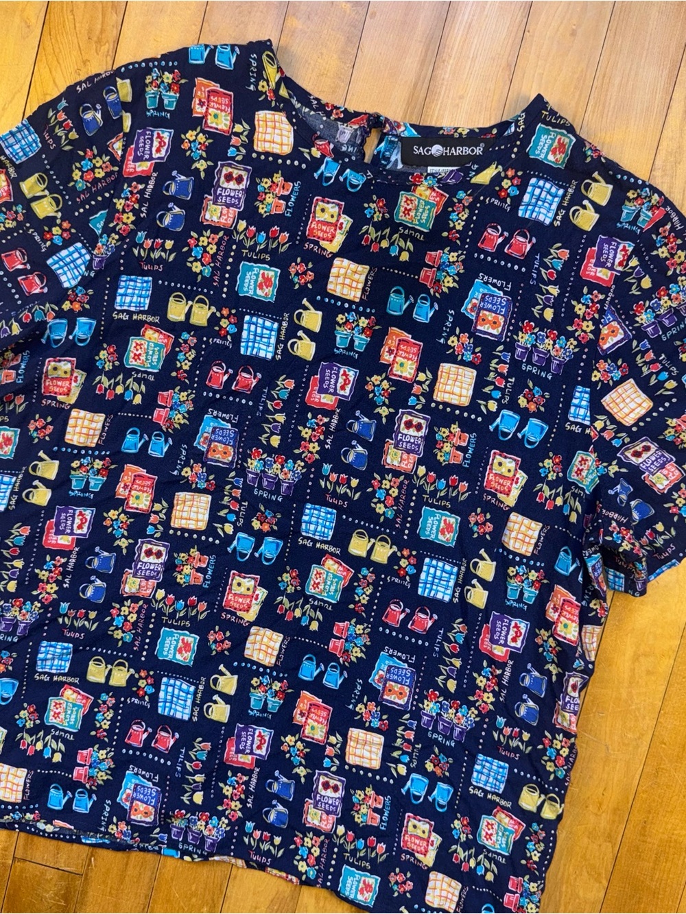 Sag Harbor Navy Short-Sleeve Top with Bright Garden Patchwork Print
